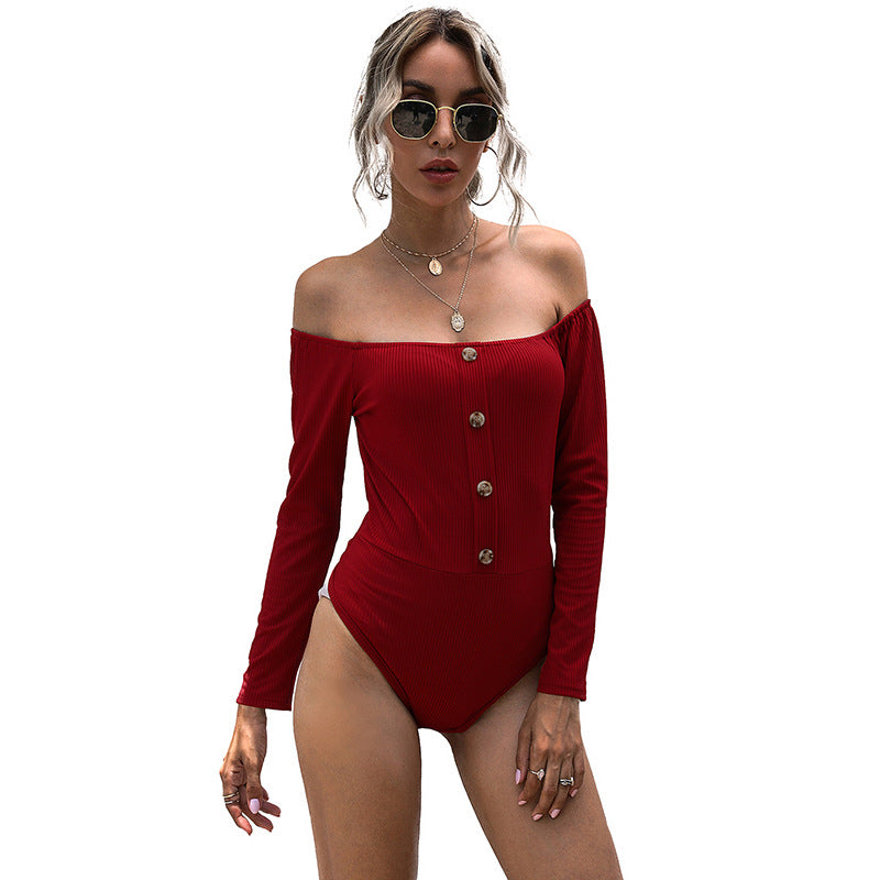 Women's Off-Shoulder Short Ribbed Top with Decorative Button Placket Chichicherry