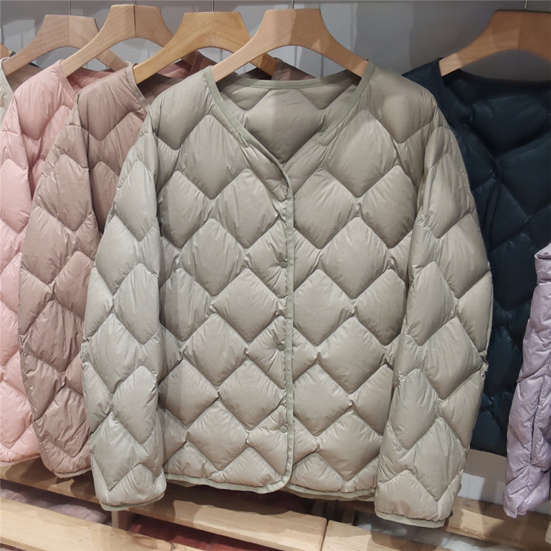 Women's Quilted Short Jacket with Diamond Quilting, Round Neckline and Press Studs Chichicherry