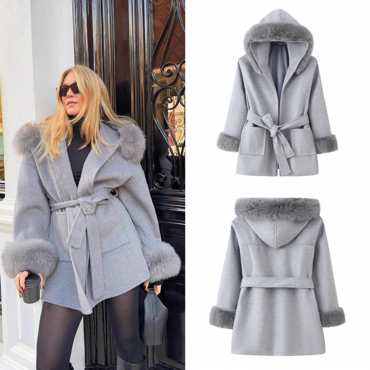 Women's Hooded Wool Blend Coat with Tie Belt and Faux Fur Trim Chichicherry