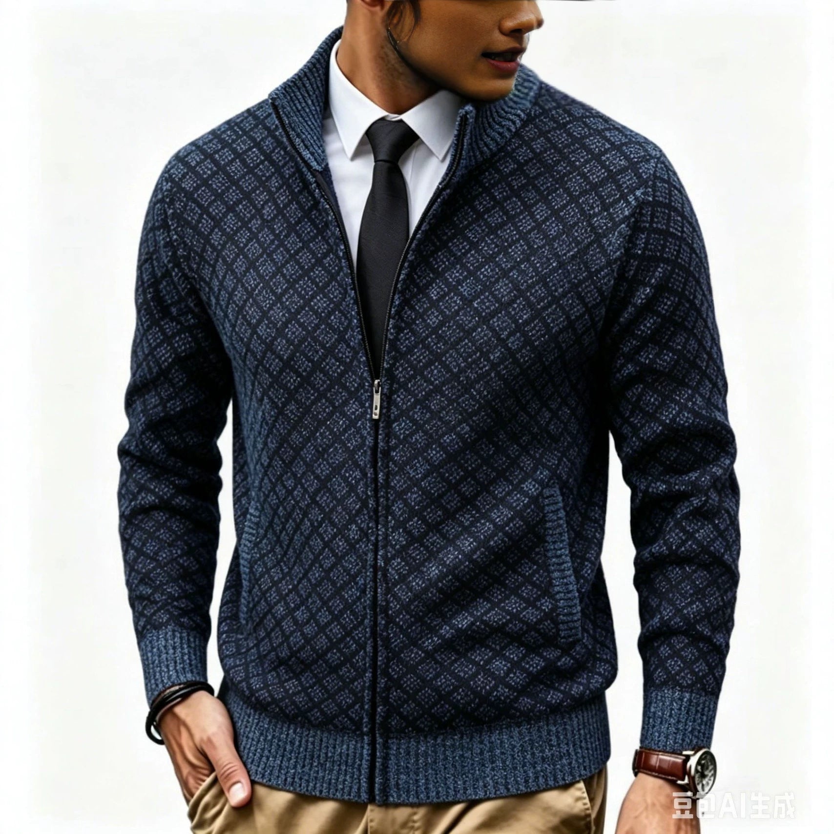 Men's Structured Cardigan with Stand-up Collar and Diamond Jacquard Chichicherry