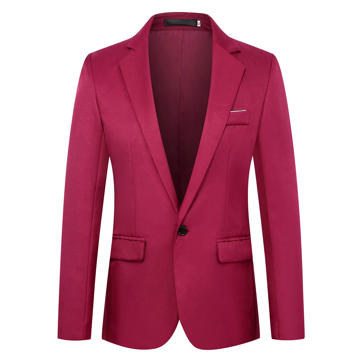 Men's fitted single-breasted satin blazer with single-button closure and shawl collar look Chichicherry