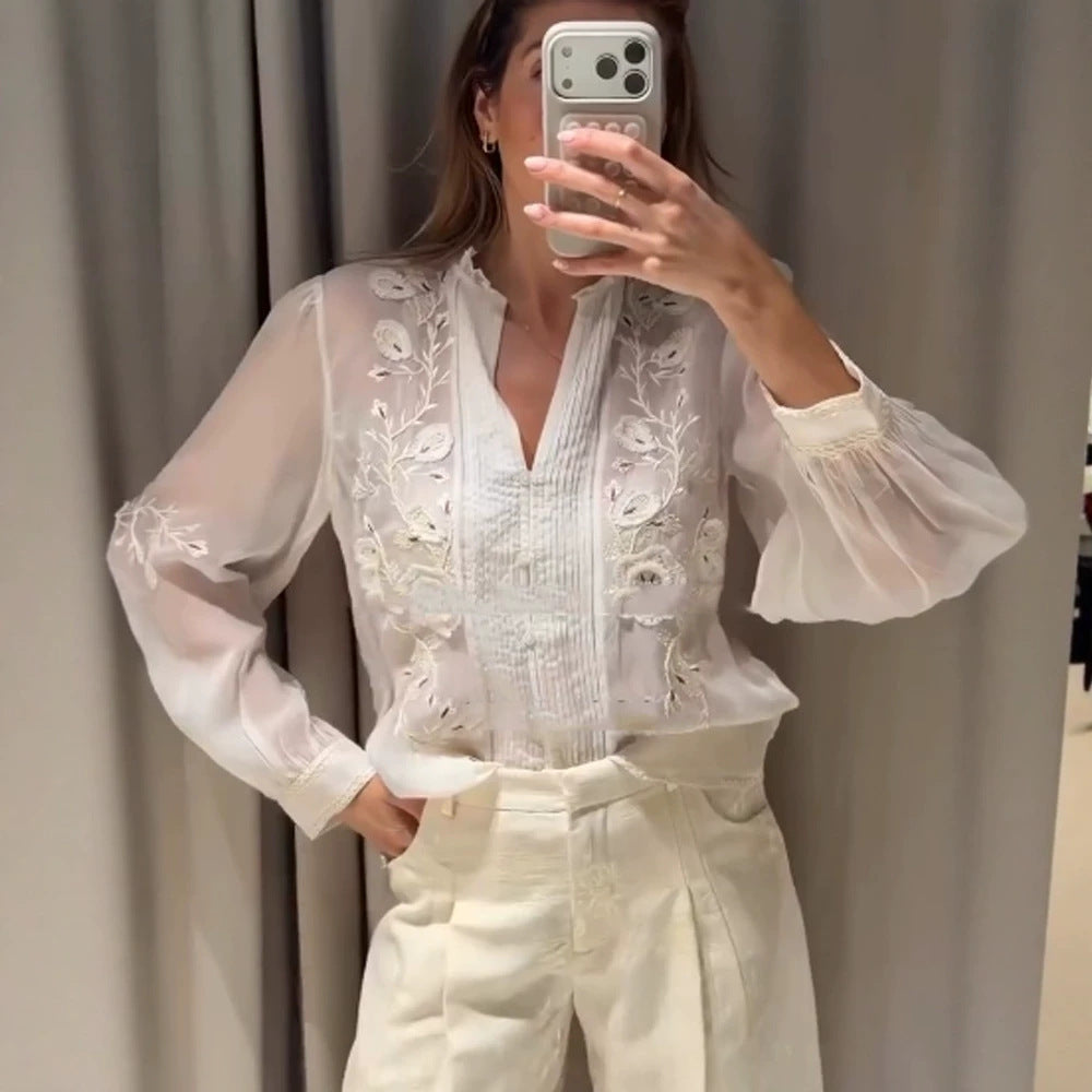 Ladies Transparent Embroidered Chiffon Blouse with Pintucks, V-Neck and Balloon Sleeves Chichicherry