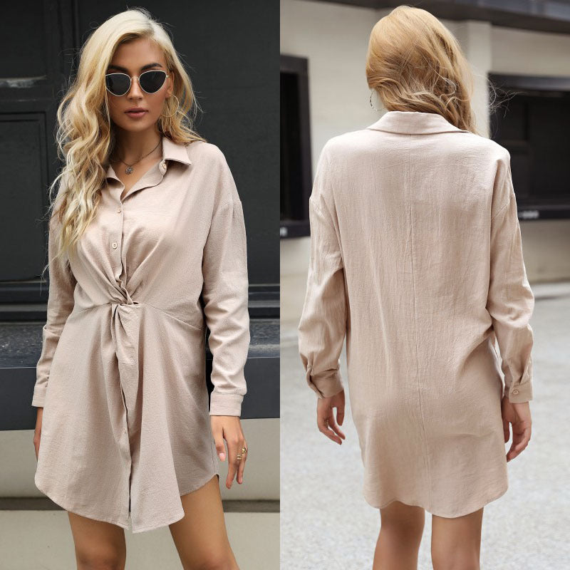 Women's Knot Blouse Mini Dress with Shirt Collar and Tailored Wrap Look Chichicherry