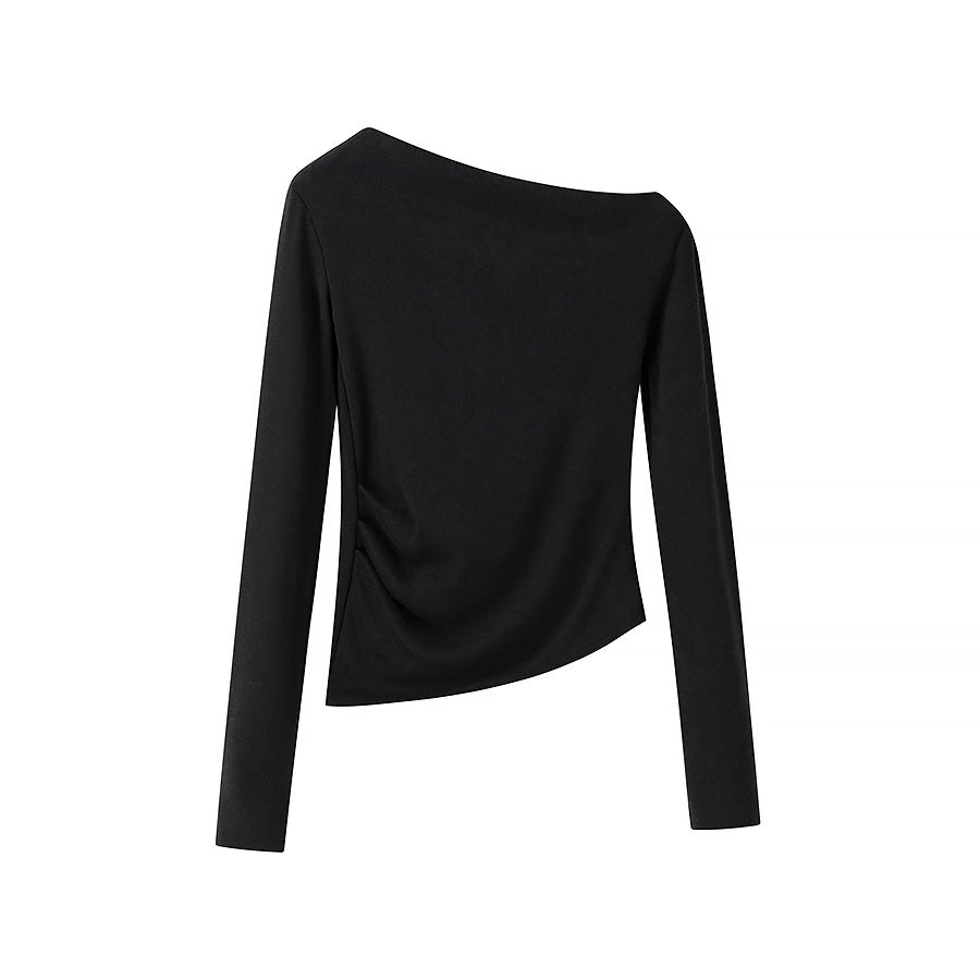 Women's Asymmetrical One-Shoulder Long Sleeve Shirt with Side Gathering Chichicherry