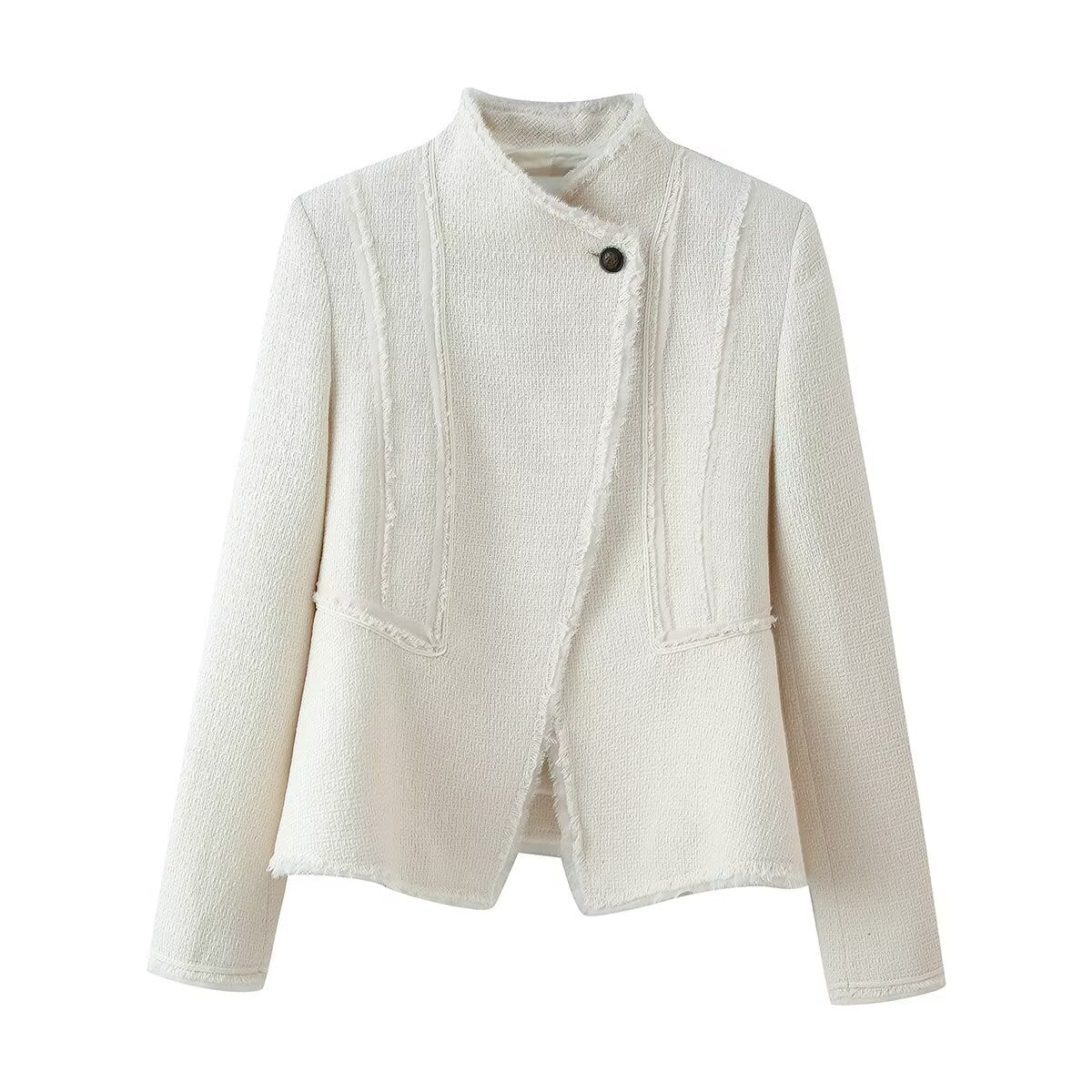 Women Boucle Blazer with Stand Collar, Asymmetrical Closure and Fringed Hem Chichicherry