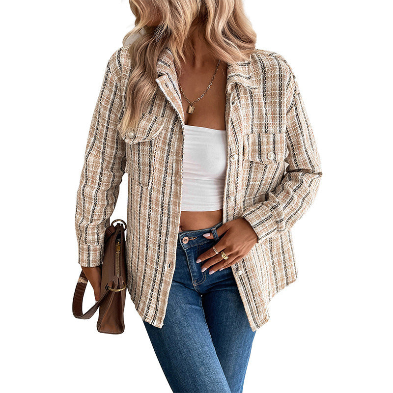 Women's Boucle-Tweed Overshirt with Chest Pockets and Full Button Placket Chichicherry