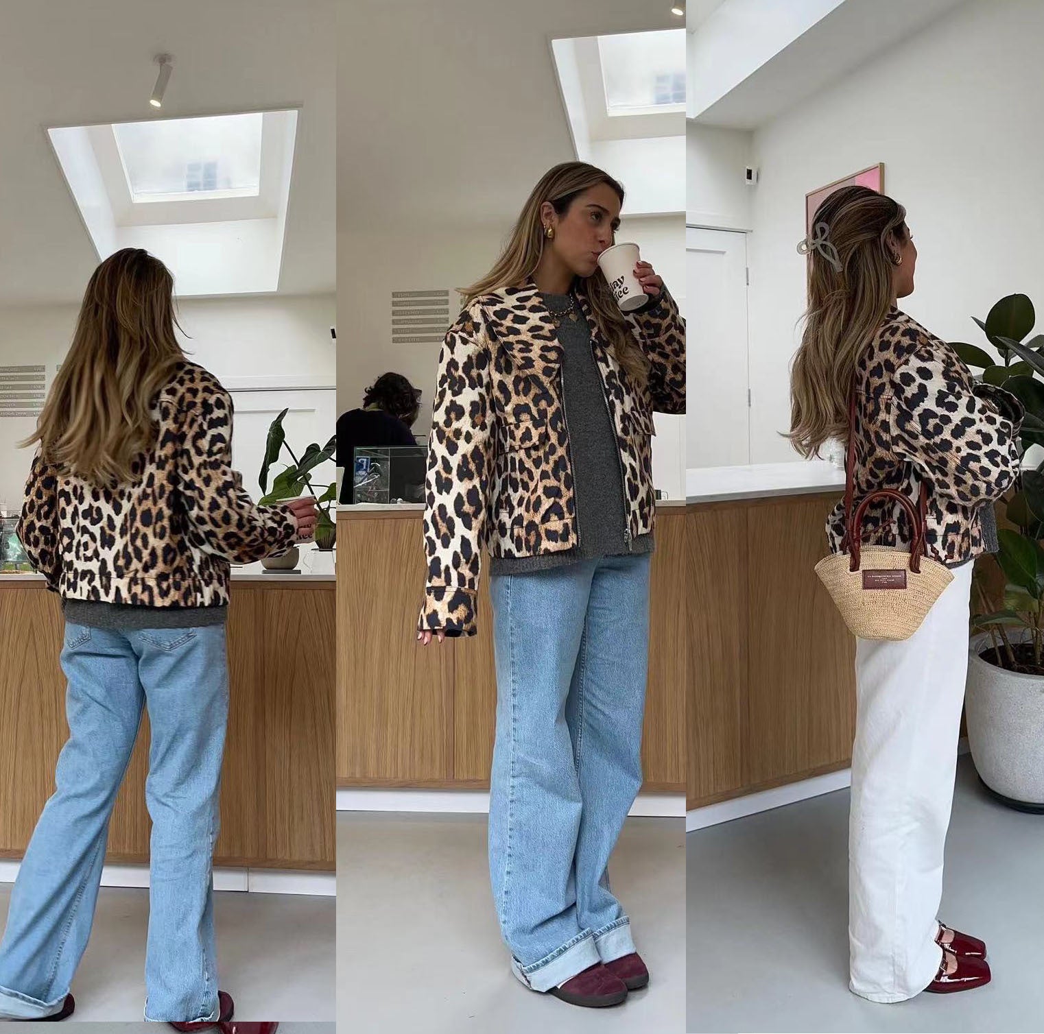 Women's Cropped Field Jacket in Leopard Pattern with Wide Lapels and Flap Pockets Chichicherry