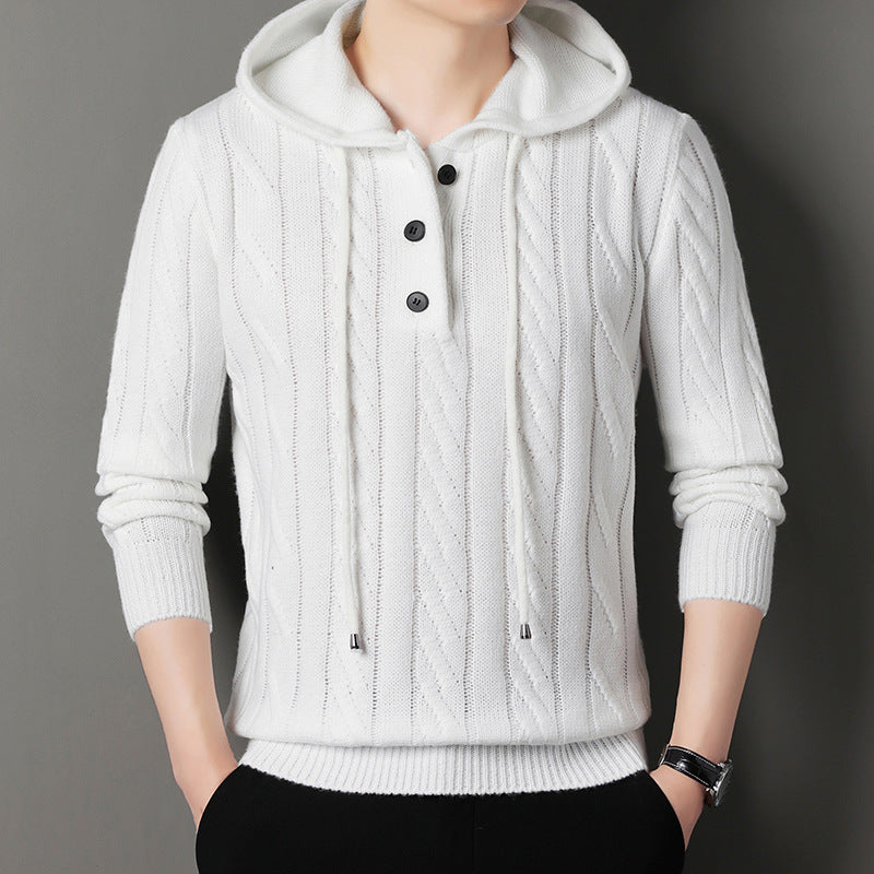 Men's fine knit hoodie with cable pattern, half placket and drawstring Chichicherry