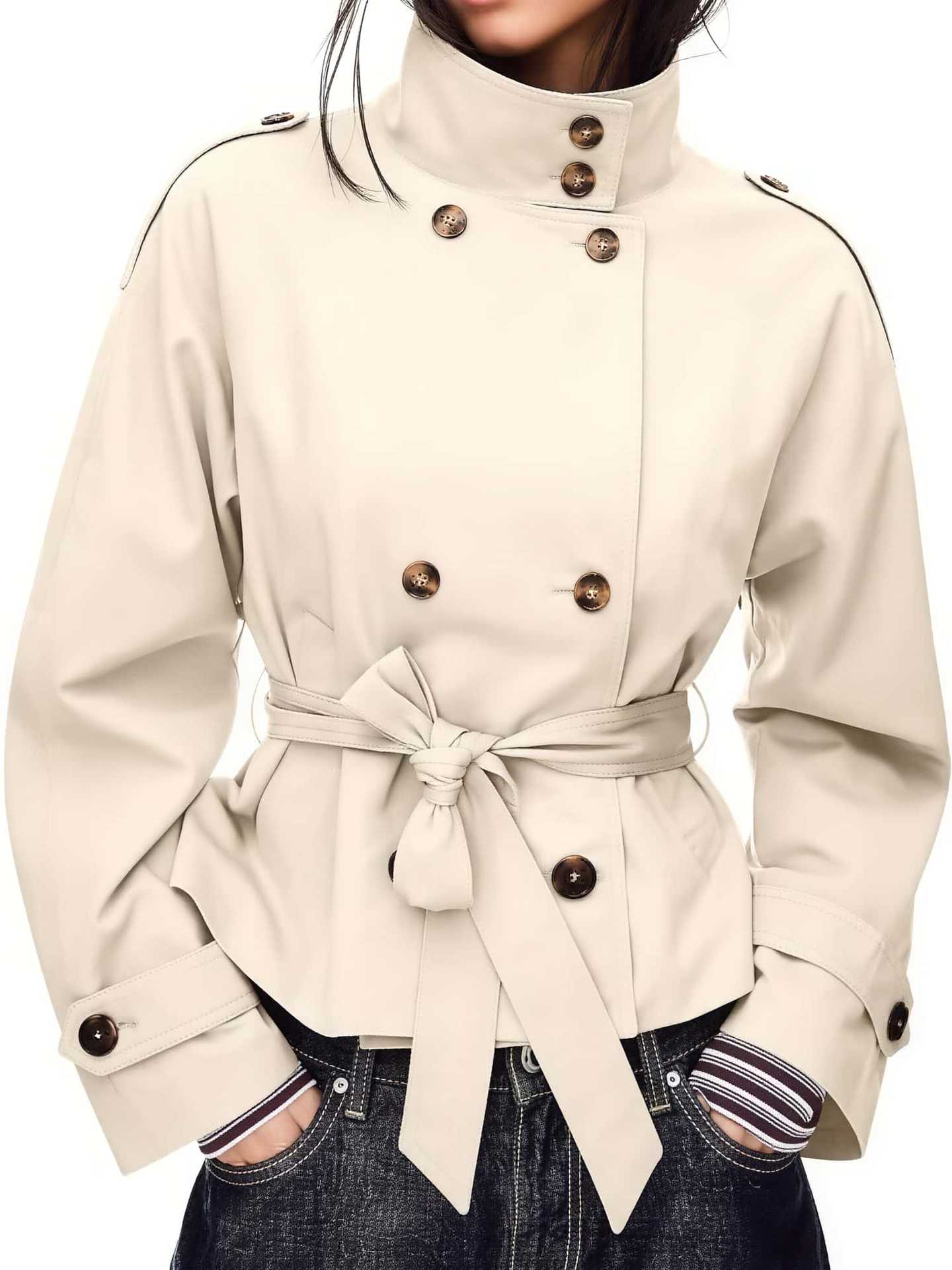 Women's short trench coat with double-breasted, waist belt and stand-up collar Chichicherry