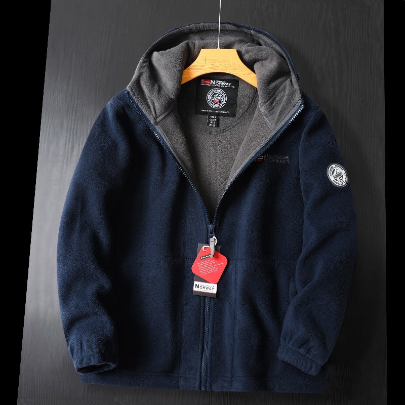Men's fleece hooded jacket with warming microfleece lining, full-length zipper, and logo patches Chichicherry