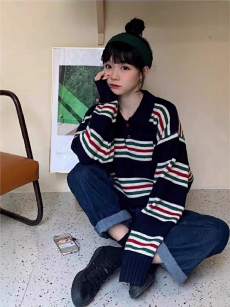 Women Oversized Polo Collar Knit Sweater with Maritime Block Stripes and Boxy Cropped Silhouette Chichicherry