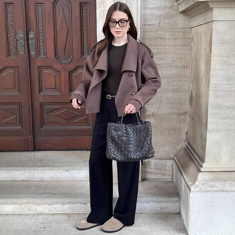 Women's Short Double-Breasted Wool Blend Peacoat with Dropped Shoulders and Epaulettes Chichicherry
