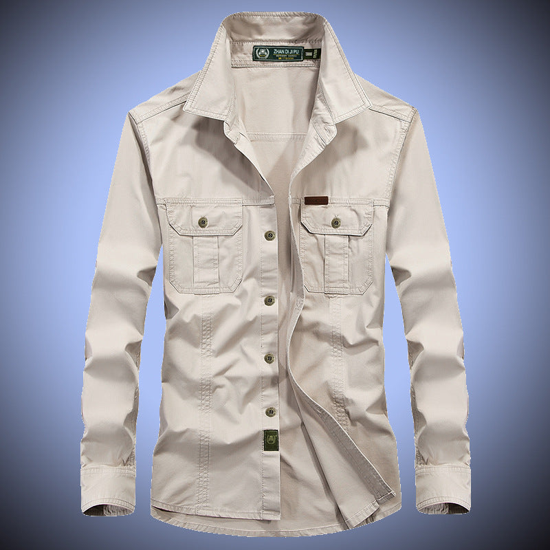Men's rugged canvas overshirt with chest flap pockets, shirt collar, and utility details Chichicherry