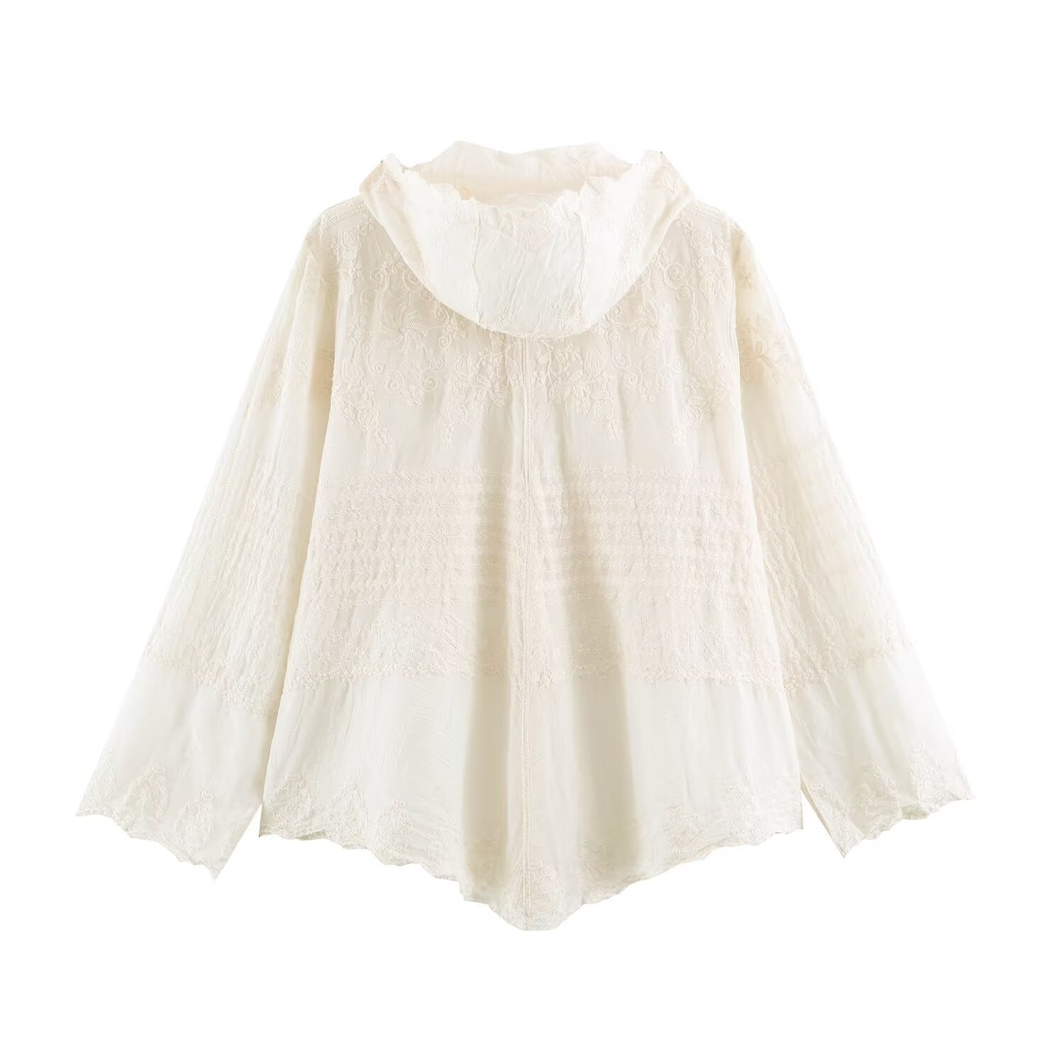 Women's Two-Piece Boho Lace Set with Embroidered Hooded Blouse and Wide Pleated Pants Chichicherry