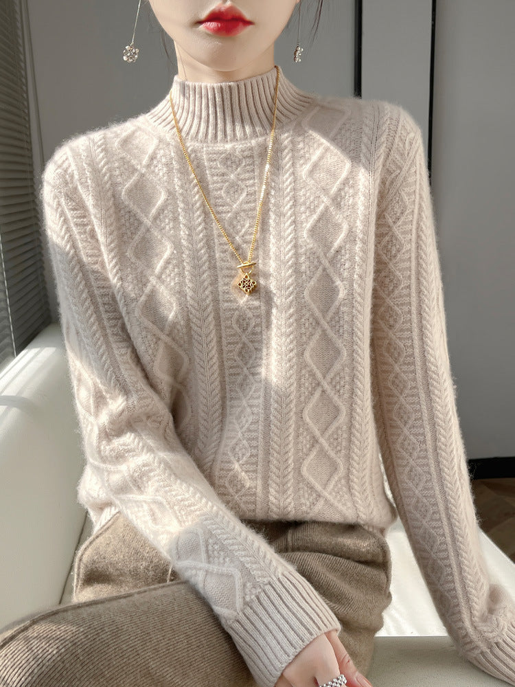 Women's Cozy Mohair-Effect Mock Neck Sweater with Diamond Cable Structure and Boxy Silhouette Chichicherry