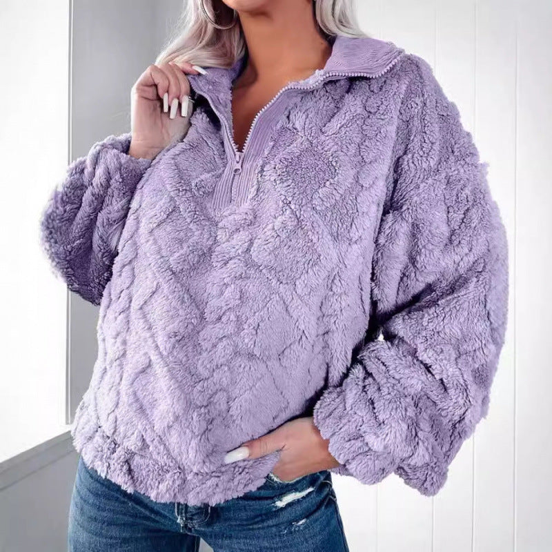 Ladies plush sweater in teddy look with half zipper and structured diamond pattern Chichicherry