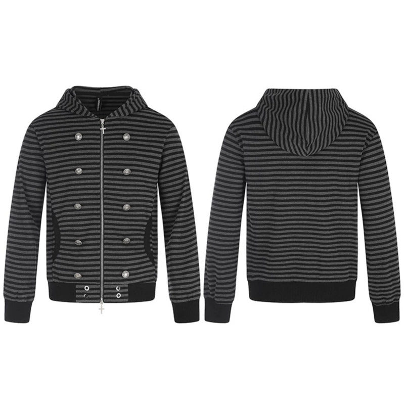 Women's Striped Hooded Sweat Jacket with Decorative Double Row, Metal Zipper and Hood Chichicherry