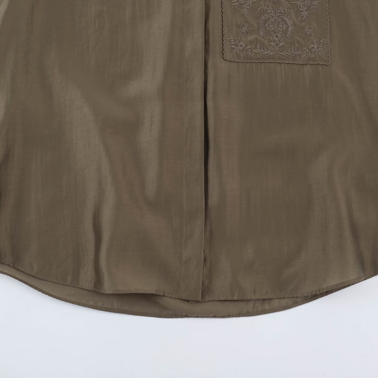 Women Oversized Silk Effect Shirt Blouse with Stand Collar and Embroidered Chest Pocket Chichicherry