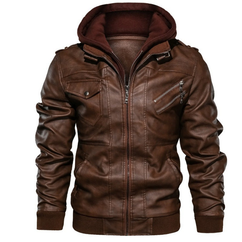 Men's Faux Leather Biker Jacket with Integrated Hood Layer, Multiple Pockets and Ribbed Cuffs Chichicherry