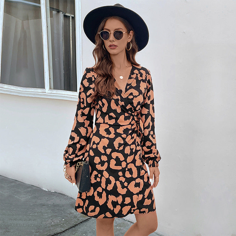 Women's Fitted Wrap Dress with V-Neck, Gathered Side Seam, and Long Sleeve Chichicherry
