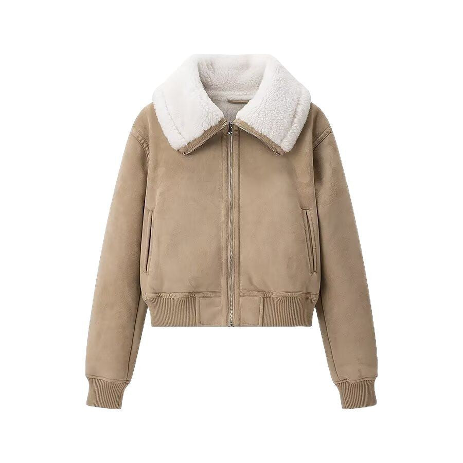 Women's Short Suede Look Bomber Jacket with Teddy Collar and Ribbed Cuffs Chichicherry