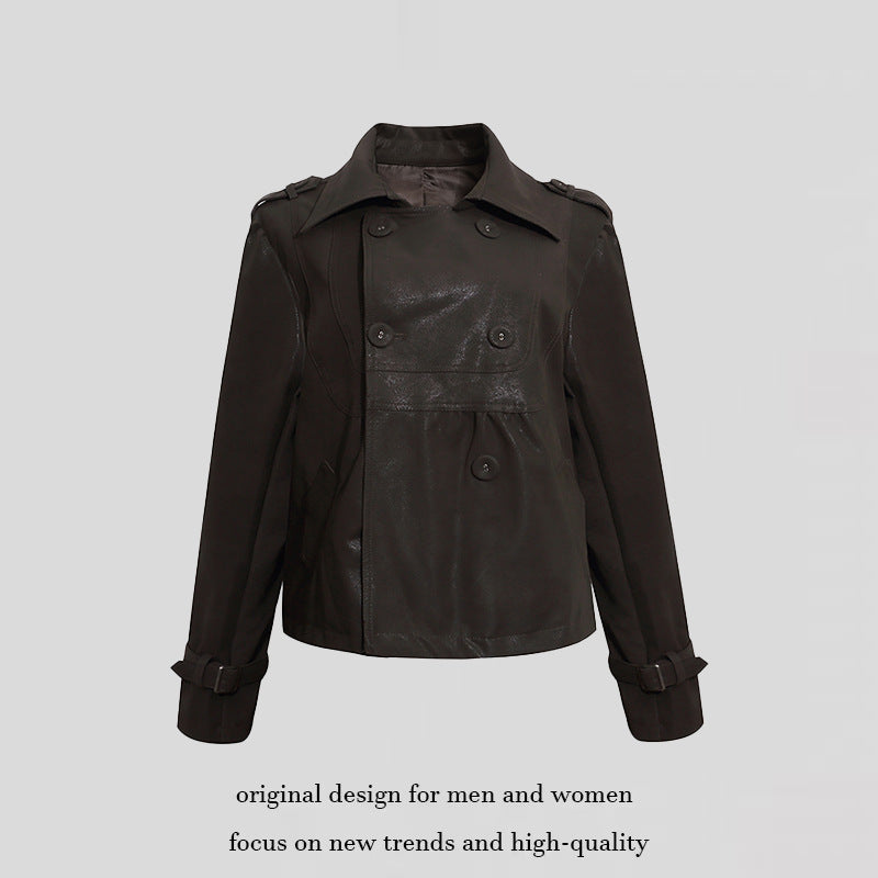Women's Cropped Double-Breasted Leather Jacket in Trench Style with Epaulettes Chichicherry