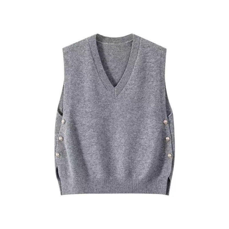 Women Sleeveless Fine Knit Waistcoat with V-Neck and Side Button Placket Chichicherry