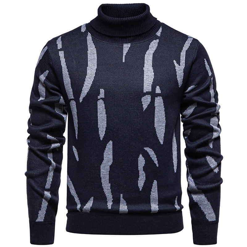 Men's Structured Turtleneck Sweater with Abstract Jacquard Pattern and Ribbed Trims Chichicherry
