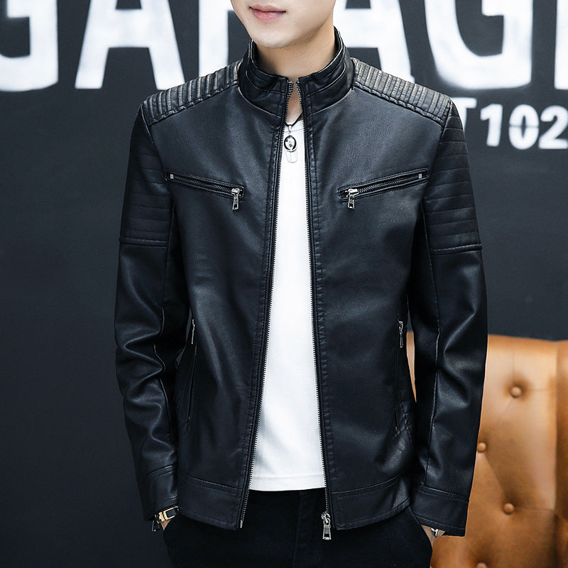Men's Faux Leather Moto Jacket in Racer Look with Quilted Shoulder Yoke, Stand Collar and Zipper Details Chichicherry