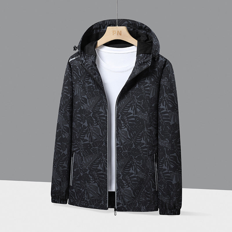 Men's Lightweight Hooded Windbreaker with Botanical Allover Print and Elastic Cuffs Chichicherry