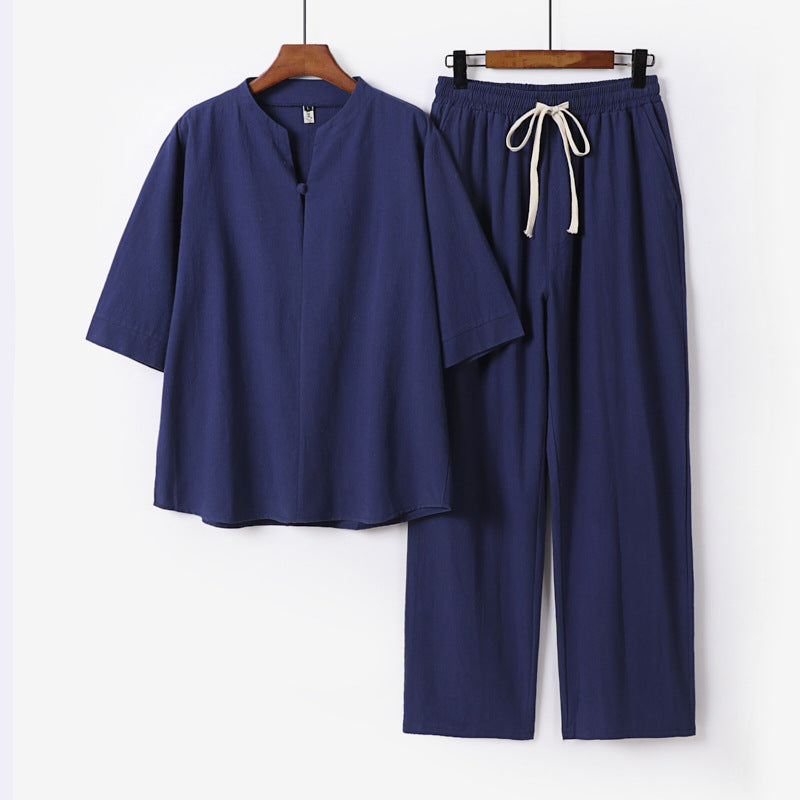 Unisex Lockeres Lounge Set with Stand Collar Half Sleeve Shirt and Elastic Waist Pants Chichicherry