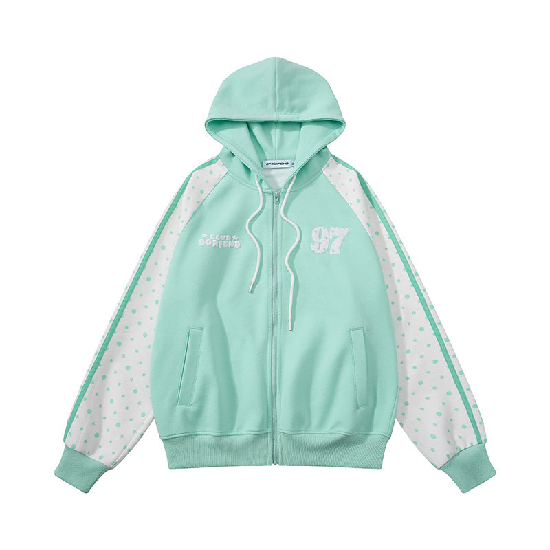 Women's hooded sweatshirt jacket with full zipper, raglan sleeves, and polka dot inserts Chichicherry