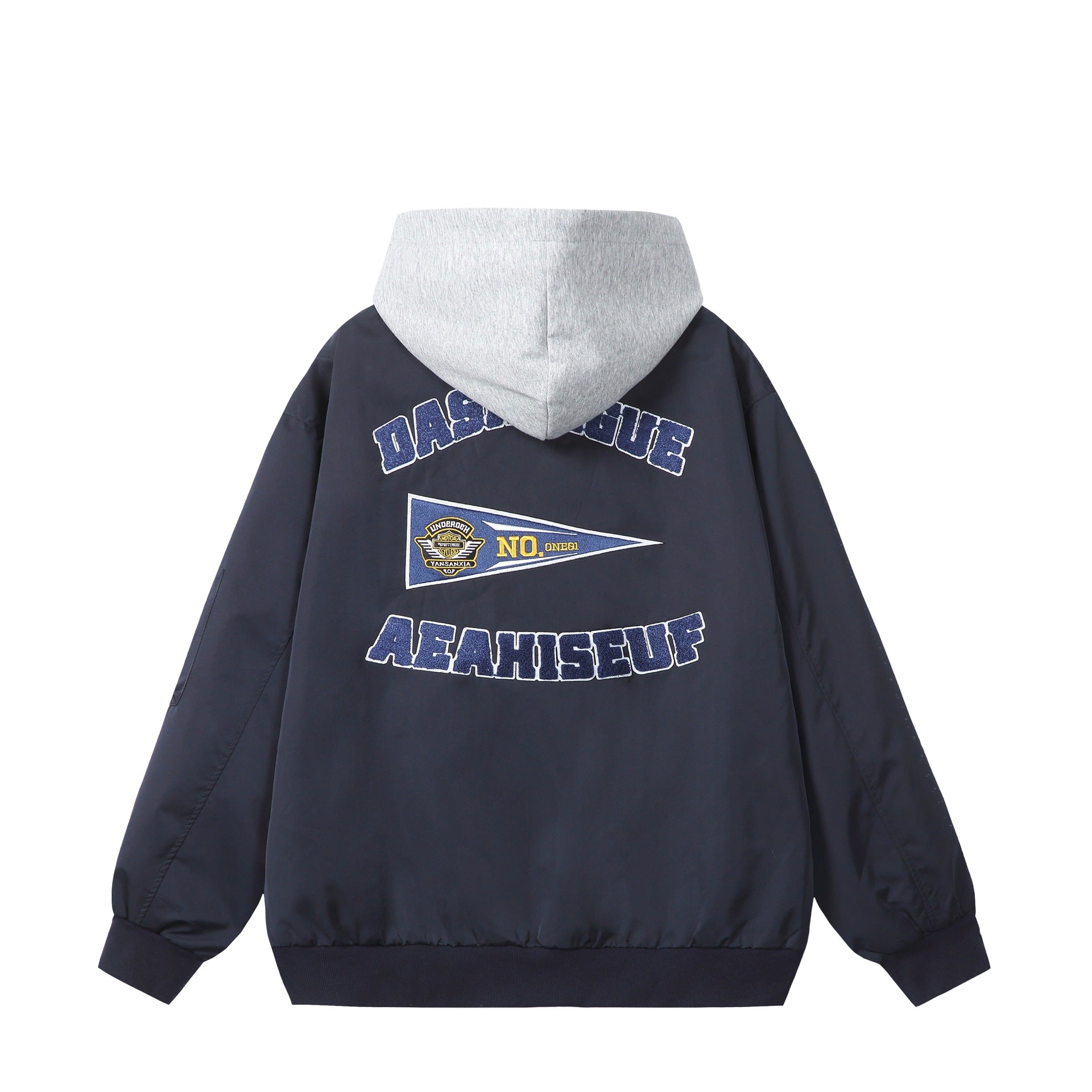 Unisex Boxy-Multi-layer Bomber Jacket with Integrated Hood and Collegiate Patch Chichicherry