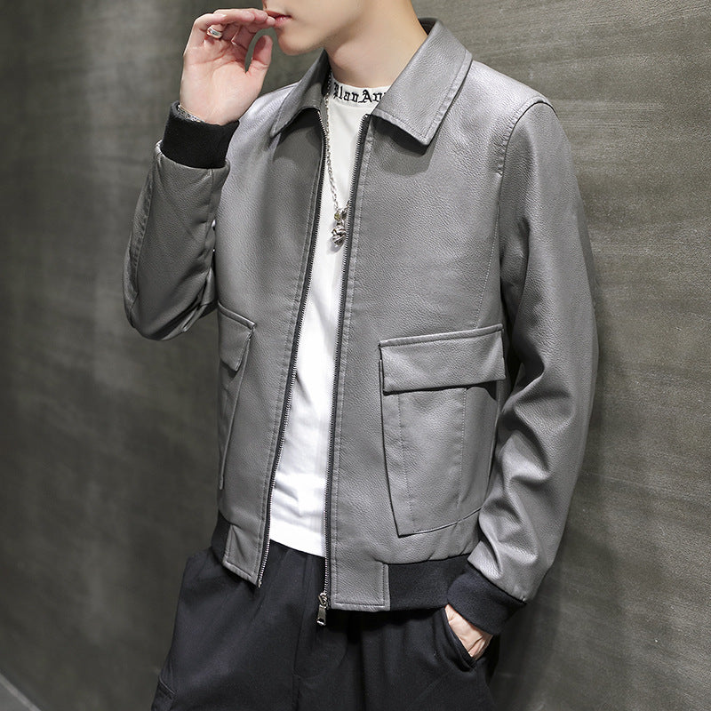 Men's Urban Faux Leather Flight Jacket with Flap Pockets and Ribbed Hem Chichicherry
