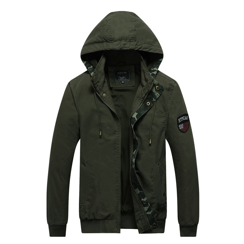 Men's Hooded Canvas Jacket in Military Utility Style with Camouflage Cuff and Ribbed Hem Chichicherry