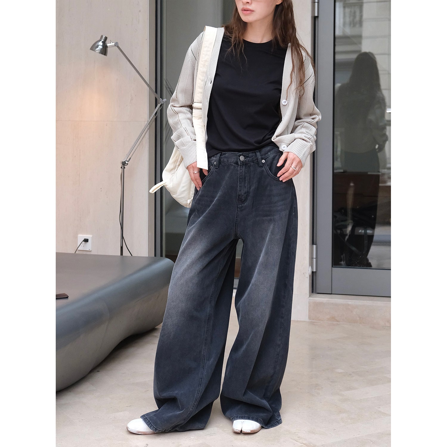 Women's Wide High-Waist Denim Palazzo Pants with Vintage Wash Chichicherry