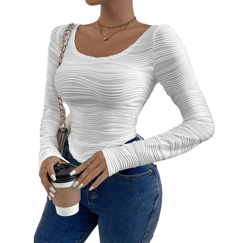 Women Fitted Structured Long Sleeve with Wavy Texture and Boat Neck Chichicherry
