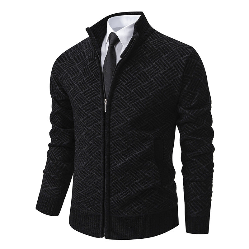 Men's knit zip jacket with geometric textured pattern and stand-up collar Chichicherry