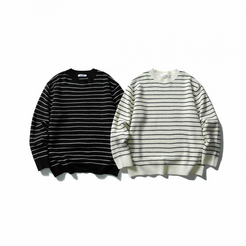 Unisex Oversize Striped Knit Sweater with Round Neck and Ribbed Hem Chichicherry