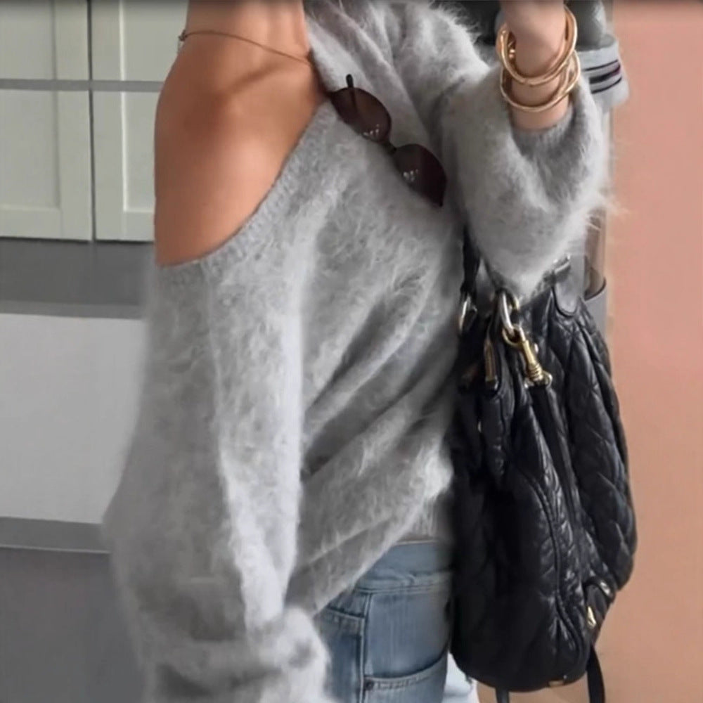 Women Oversize Mohair Blend Off-Shoulder Sweater with Balloon Sleeves Chichicherry