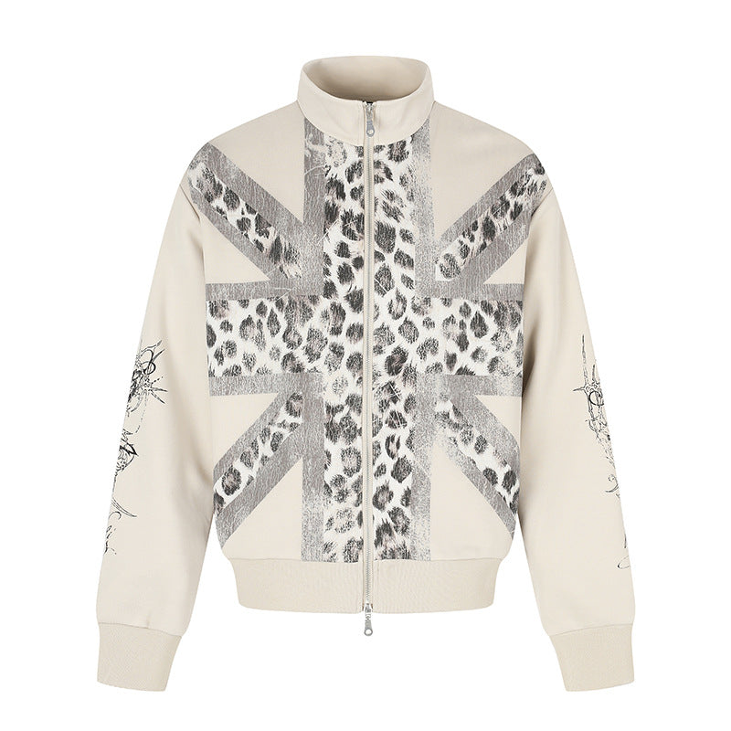 Women's Zip Sweat Jacket with Stand-Up Collar and Leopard Union Jack Print Chichicherry