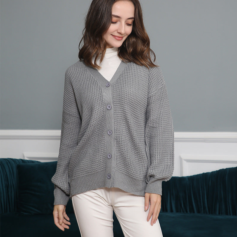 Women Waffle Structure Cardigan with Deep V Neck and Boxy Oversized Cut Chichicherry