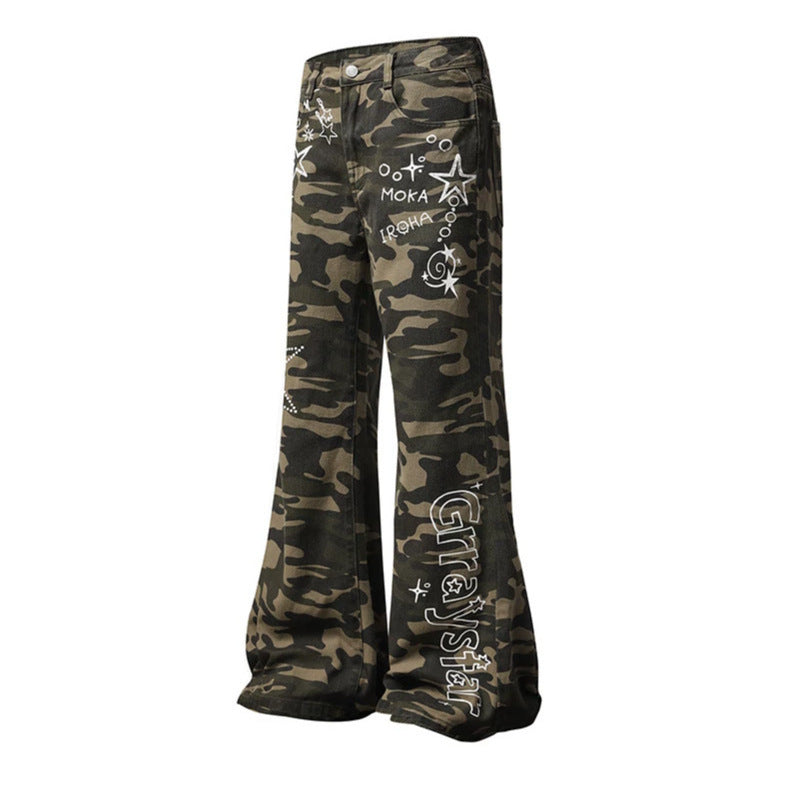 Women's Wide High-Waist Palazzo Jeans in Camouflage Print with Star and Text Applications, Flared Pants Chichicherry
