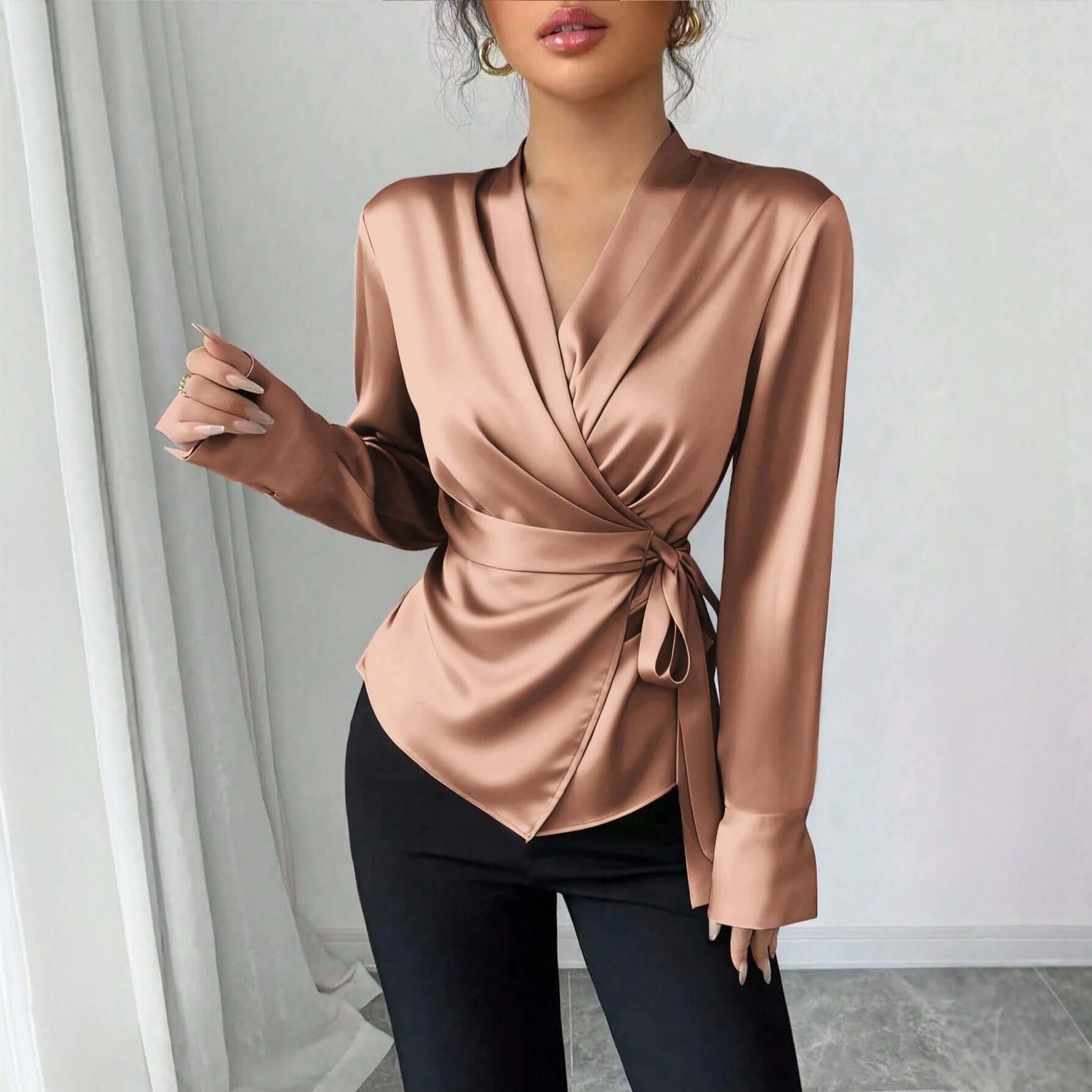 Damen Satin-Wickelbluse mit V-Ausschnitt, Taillengürtel und schmalem Manschettenärmel Chichicherry