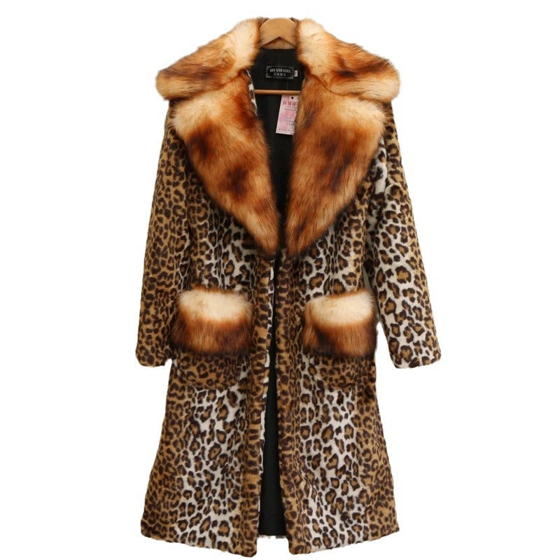 Women’s Longer Faux Fur Coat in Leopard Print with Large Fur Collar and Pocket Trim Chichicherry