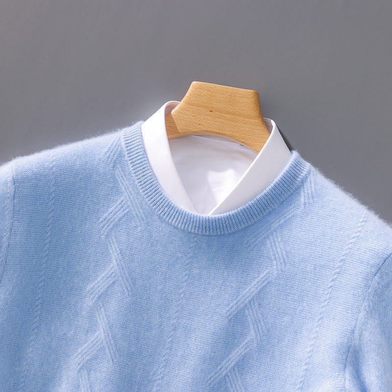 Men's Luxurious Fine Knit Crew Neck Sweater with Subtle Cable Pattern Chichicherry