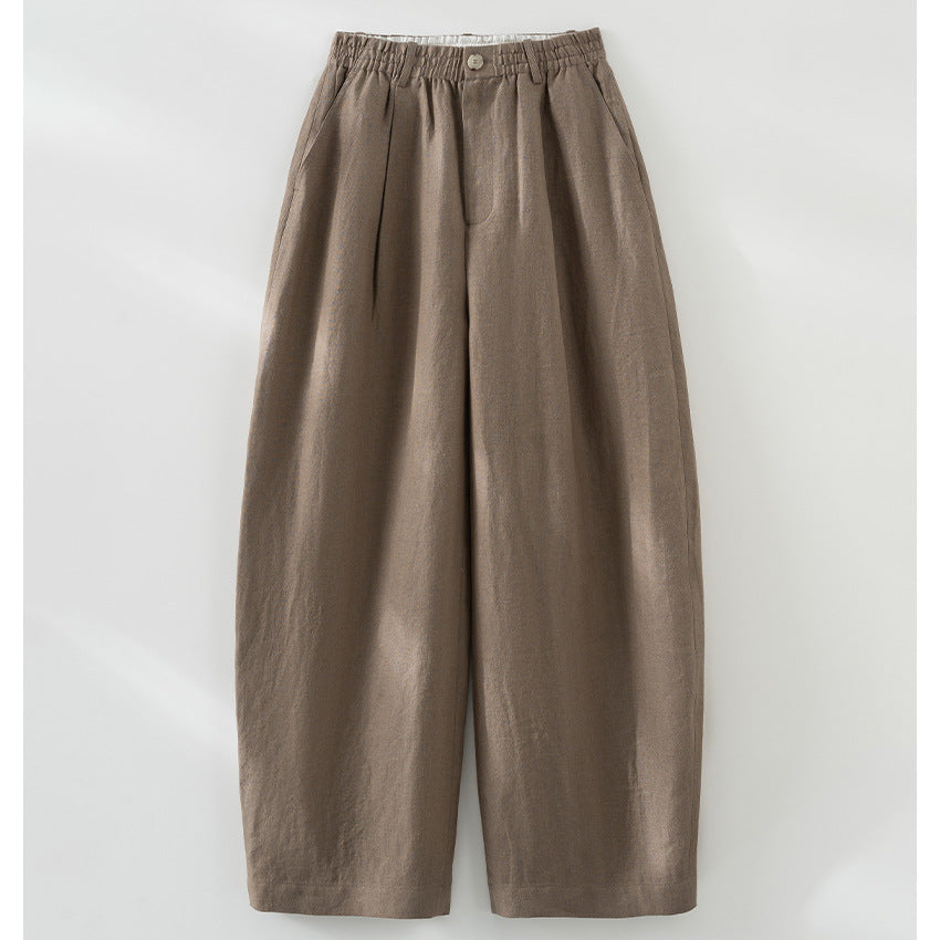 Women's Wide Linen Look Trousers with High Elastic Waistband, Pleats and Straight Leg Chichicherry