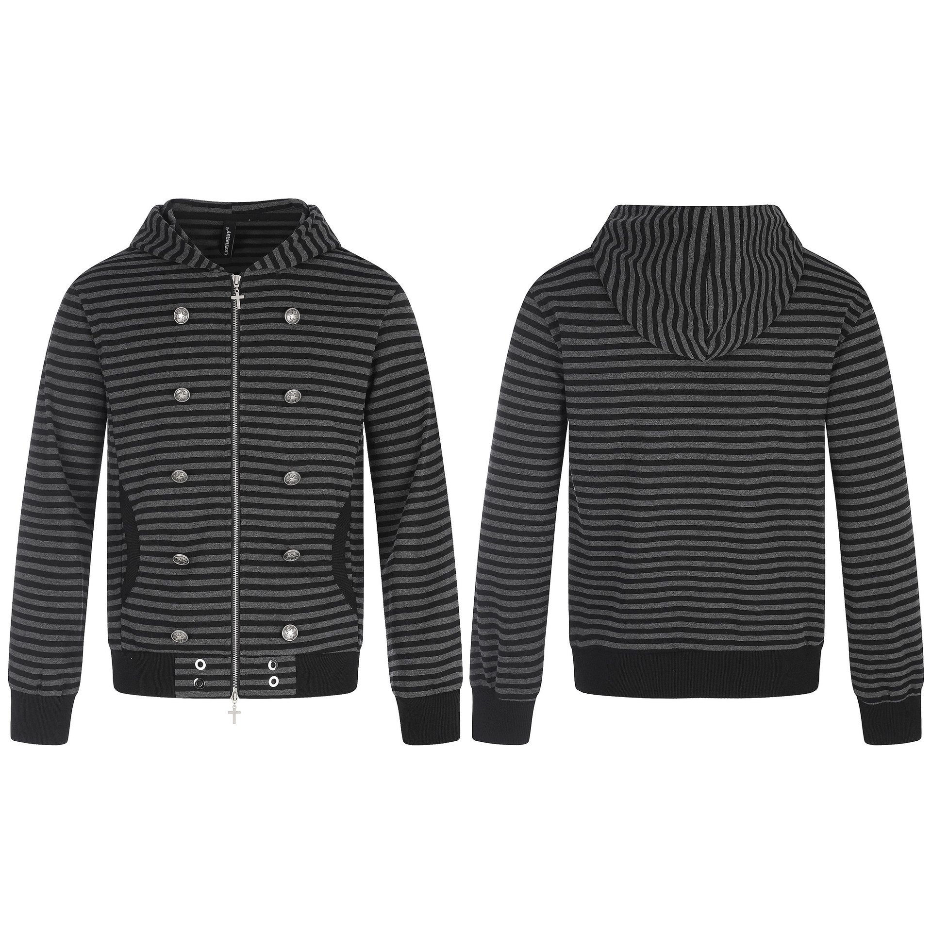 Men Striped Hooded Jacket with Double Button Look, Ribbed Cuffs and Cross Zipper Chichicherry