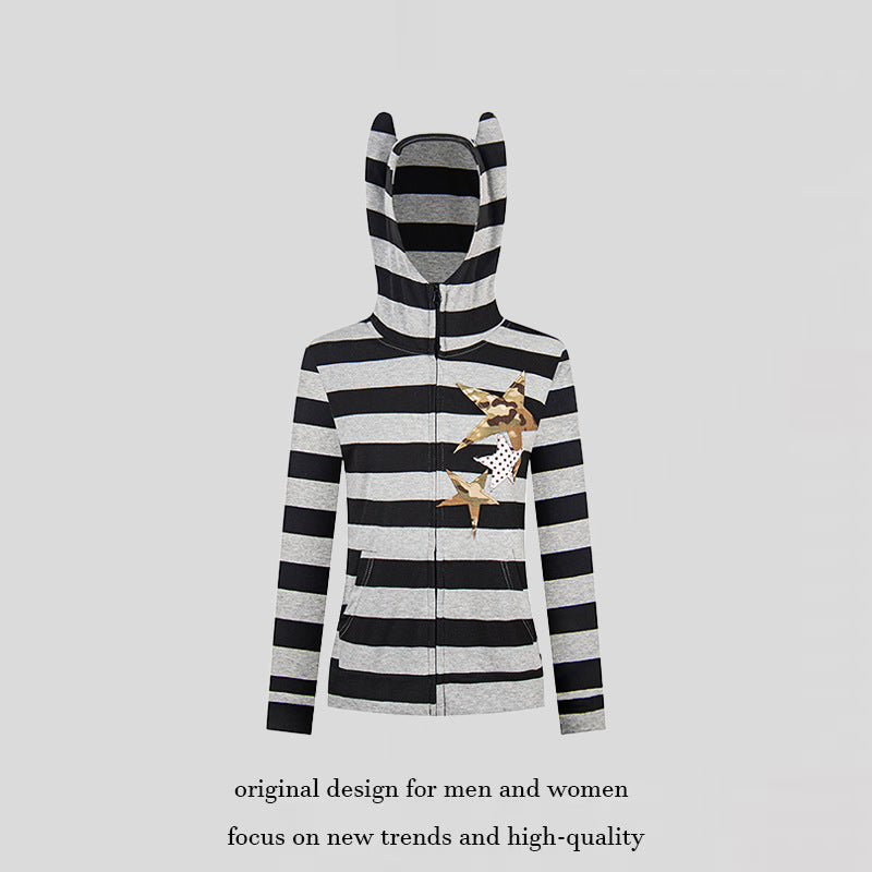 Women's hooded jacket with ears, striped zip cardigan and star appliqués Chichicherry