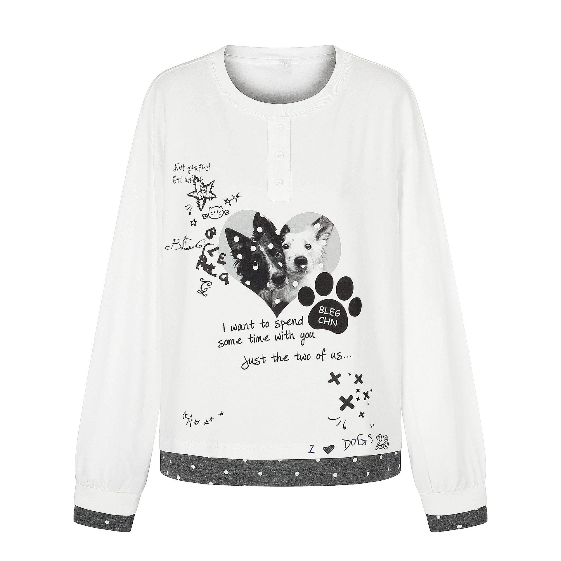 Women's long sleeve pajama top with a semi-close button placket, heart dog print, and contrasting cuffs